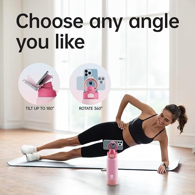 Insulated Magnetic Water Bottle - Reusable Stainless Steel Bottle with MagSafe Compatible Phone Holder - Keeps Cold for 24 Hours - Perfect for Gym, Sports, and Travel - Pink 24oz