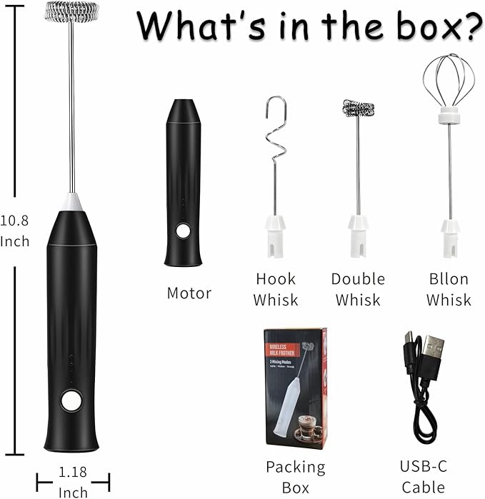 Milk Frother Handheld Rechargeable USB C, 3-in-1 Coffee Frother Wand Drink Mixer Electric Whisk Stirrer with 3 Detachable Stainless Steel Heads, 3 Speed Powder Mixer Foam Maker for Latte, Matcha,Black