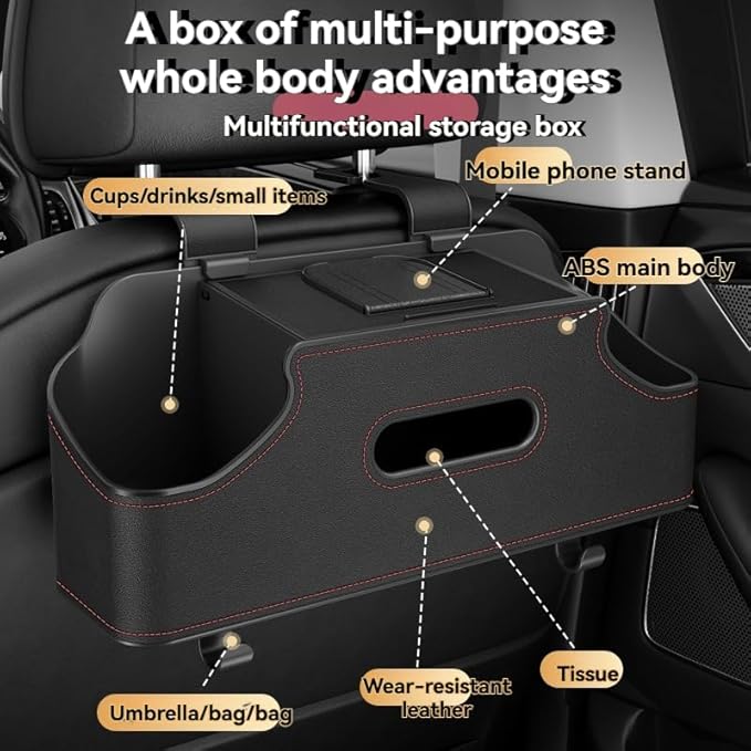 3-in-1 Car Backseat Organizer, Multifunctional Car Seat Back Storage Box, Car Storage Organizer with Cup Holders Tissue Box for Travel, Road Trip (Black)