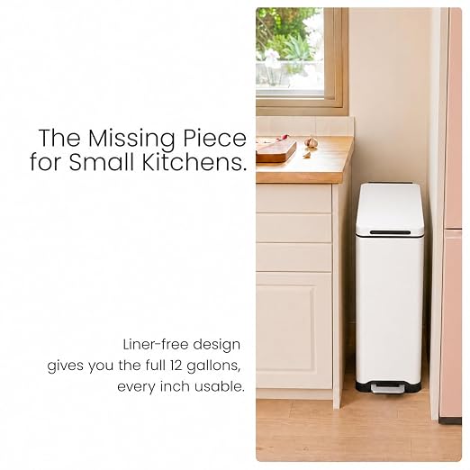Home Zone Living 12 Gallon Slim Kitchen Trash Can with Soft Close Lid, Step Pedal, Bag Tuck Band, and Removable Liner, Stainless Steel, Matte White
