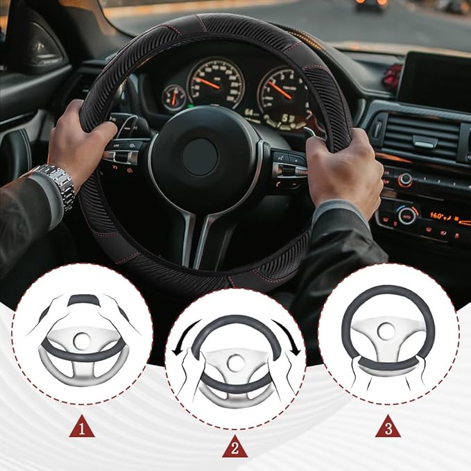 Car Steering Wheel Cover, Steering Wheel Protector, Universal 14.5-15 Inch Microfiber Leather Breathable Auto Steering Wheel Covers, Carbon Fiber Steering Wheel Cover for Women Men (Black)