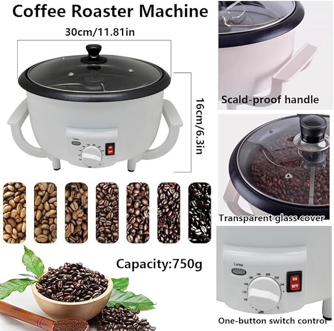 Coffee Roaster Machine for Home Use, Electric Coffee Bean Roaster, Coffee Bean Roaster, 0-240℃ Temperature Adjus, 750G Capacity Non-Stick Coating for Baking Nuts Beans