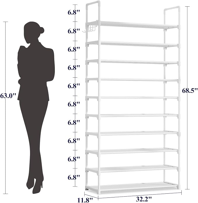 Kitsure Shoe Rack for Closet - 10-Tier Shoe Organizer with Hook Rack, Large-Capacity & Space-Saving Shoe Shelf for Entryway, Bedroom, Living Room,32.2" x 11.8" x 68.5", White
