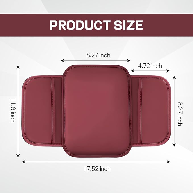 wuyaoyao Car Center Console Cover, Leather Memory Foam Armrest Cover Cushion with 2 Storage Bags, Universal Car Armrest Seat Box Pad Car Interior Accessories Protector for Most Vehicle (Wine Red)