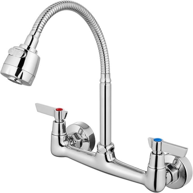 Airuida Chrome Polish Wall Mount Kitchen Sink Faucet 8 Inch Center Unility Faucet Wall Mounted Double Lever Handles Commercial Faucet with 360 Degree Rotation Sprayer Brass Valve Body Mixer Tap