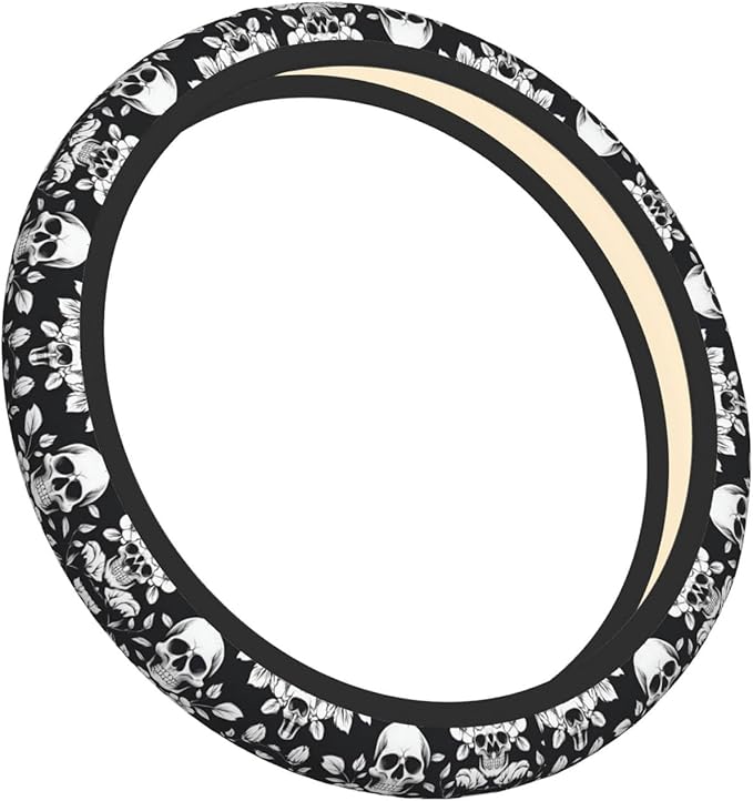 Skull-Damasks Car Steering Wheel Cover, 15 Inch Steering Wheel Cover Stylish Decor for Most Cars