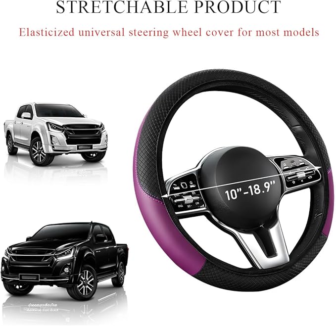 Elastic Car Steering Wheel Cover, Microfiber Leather Carbon Fiber Steering Wheel Protector with Anti-Slip Lining, Interior Accessory (Black & Purple, AD)