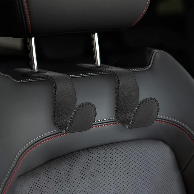 Seat Hooks for Purses and Bags, 4 Pack Car Purse Holder for Grocery Bag Handbag Clothes, Metal Headrest Hooks Covered by Leather, Black