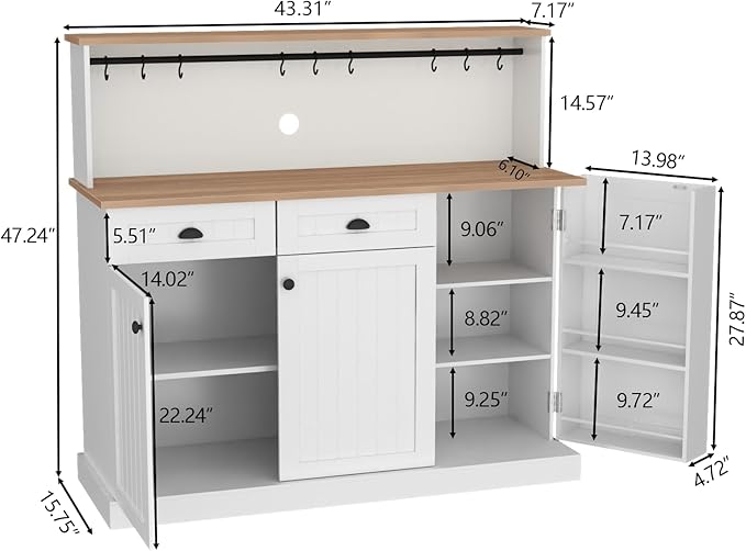 Sideboard Buffet Cabinet with 2 Drawers, Farmhouse Kitchen Pantry with Adjustable Shelves, Coffee Bar Cupboard Cabinet with 3 Doors for Kitchen, Dining Room (White)