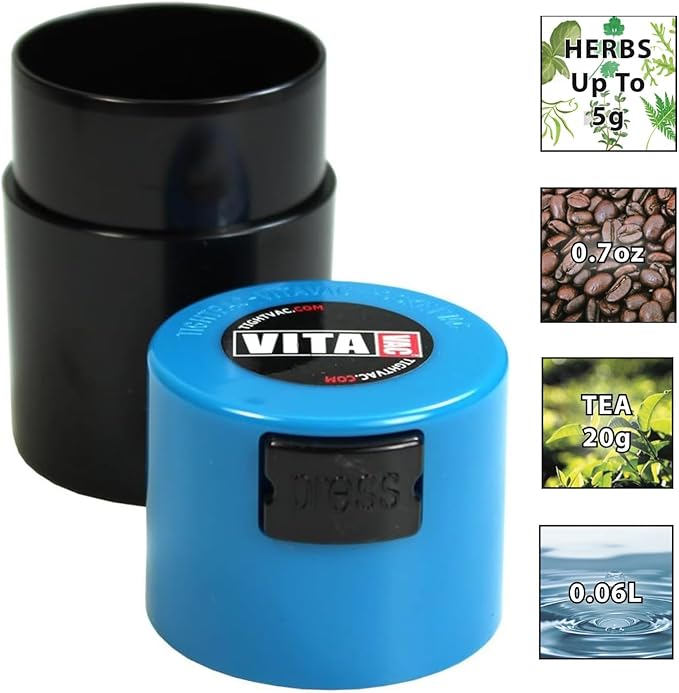 Vitavac - 5g to 20 grams Vacuum Sealed Container - Light Blue Cap & Black Body