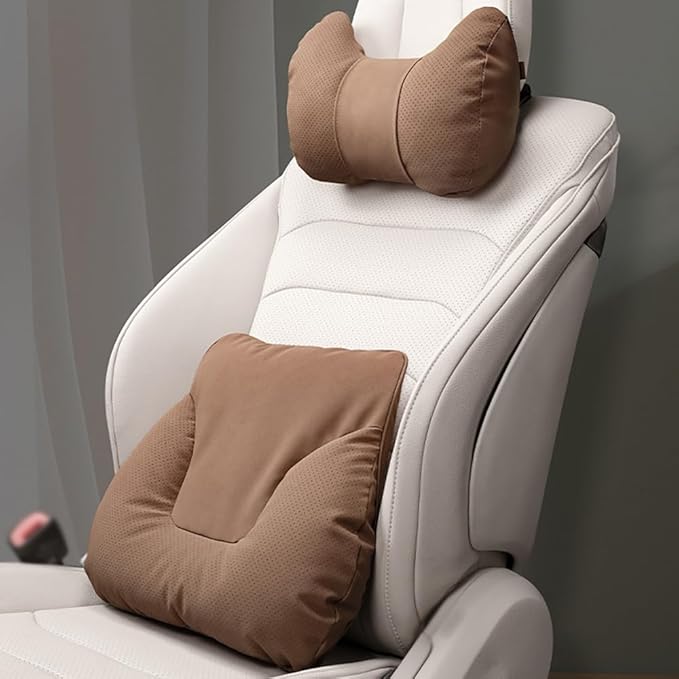 Car Neck Pillow Set for Honda Civic Si 2017 2018 2019 2020 2021 2022 2023 2024 2025, Leather Car Headrest Lumbar Support Waist Backrest Head Support Cushion,Brown