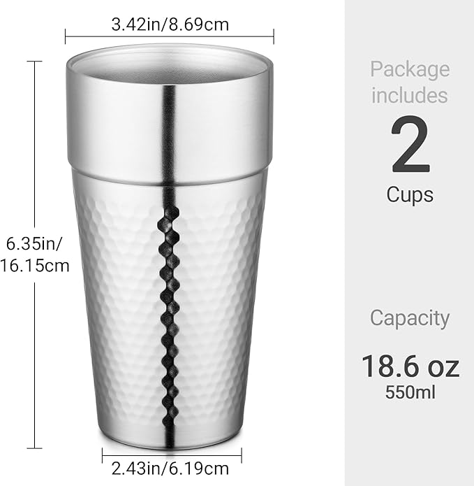 Beasea Stainless Steel Cups 19 oz, 2 Pack Large 18.6oz 550ml Stainless Steel Tumbler Stackable Double Wall Insulated Metal Drinking Glasses for Home Restaurant Office Party Camping
