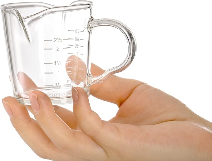 Hacaroa 4 Pack Double Spouts Measuring Cups Espresso Shot Glass with Handle, 2.5 Oz Mini Milk Triple Pitcher Barista Clear Graduated Cups for Coffee, Wine, Bar, Party