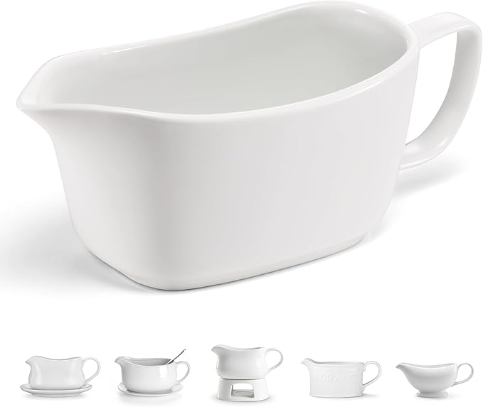 Kook Gravy Boat, Ceramic Serving Dish, Dispenser for Sauces, Dressings and Creamer, Large Handle, Microwave and Dishwasher Safe, 14 oz, White