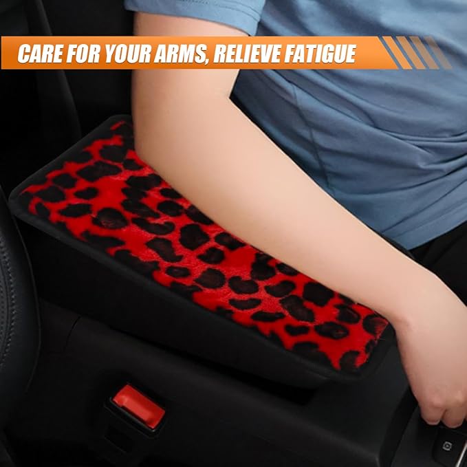 Craedli Leopard Print Car Center Console Cover, Fluffy Soft Car Arm Rest Protective Cushion with Elastic Band, Comfortable Warm Auto Interior Armrest Box Decoration Pad for SUV Truck (Red)