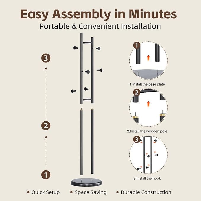 Uniclinens Wood Coat Rack Freestanding - Heavy Duty Freestanding Coat Rack, Wooden Coat Stand with 6 Hooks Creative Tree Branch-look for Entryway, Hallway, Bedroom (Black)