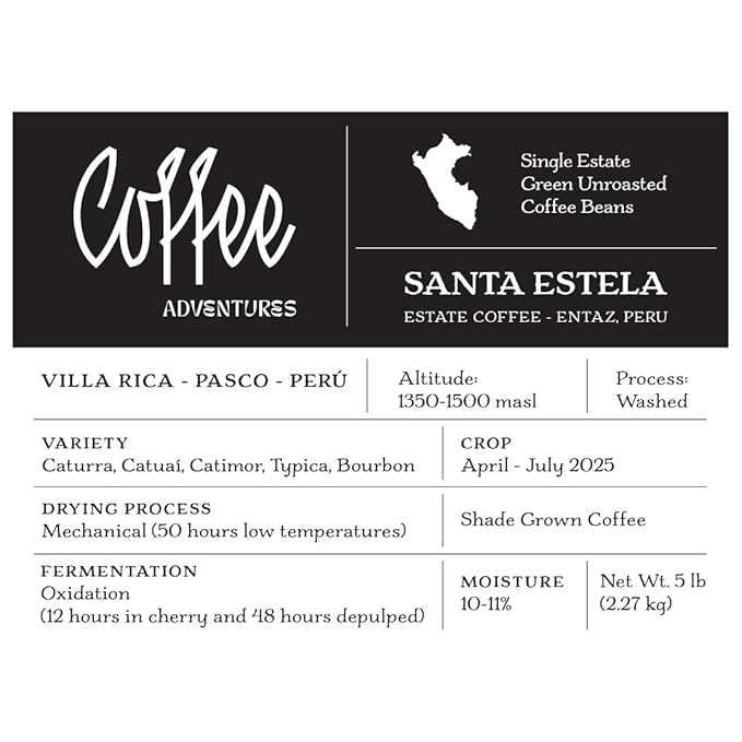 Coffee Adventures Green Unroasted Coffee Beans From Peru - Finca Santa Estela Single Estate Blend - Caturra, Catuaí, Catimor, Typica, Bourbon Blend - Direct Trade Green Coffee Beans for Coffee Roaster | 5 lb