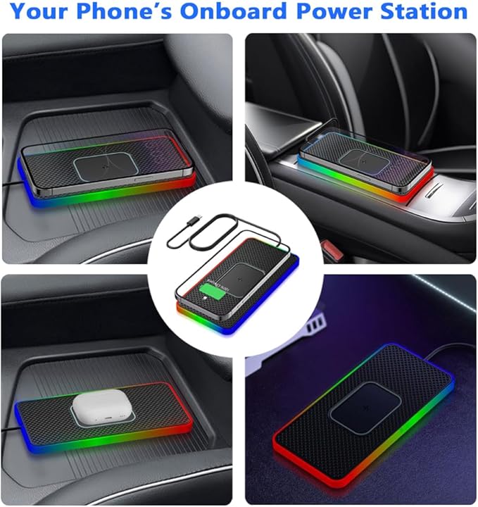 Cordless Car Charging Pad for Chevrolet Blazer/Blazer EV/Bolt EUV/Colorado, 5W/7.5W/10W/15W/20W Charging, Trim-to-Fit Non-Slip Phone Charging Mat with 8 Ambient Light Modes, 100cm Cable