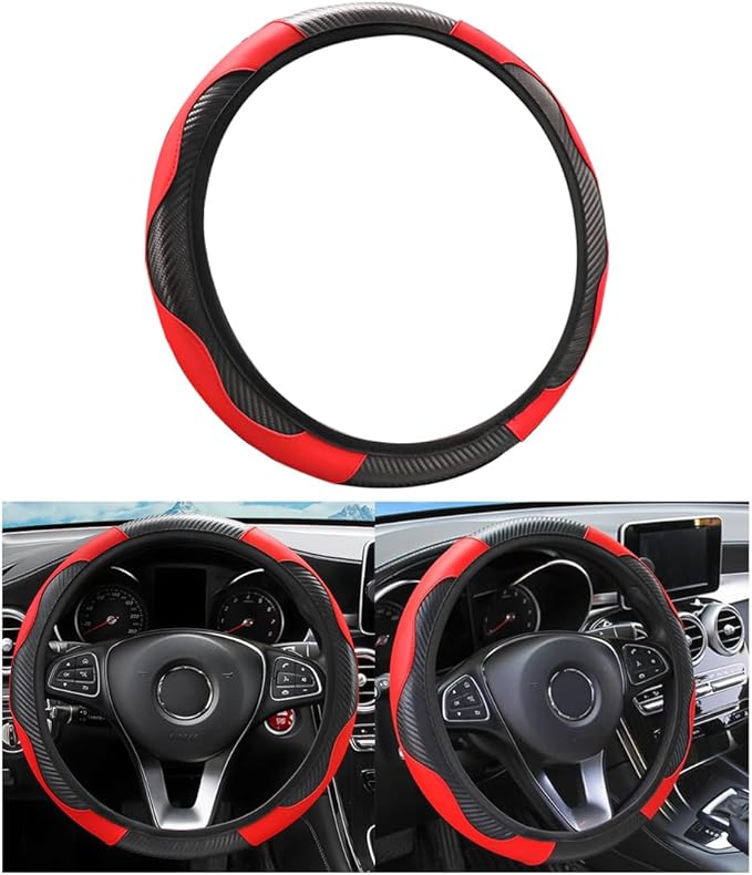 Car Steering Wheel Cover, Universal Microfiber PU Leather Elastic 15 inch Stitching Color Anti-Slip Steering Wheel Protector, Car Interior Accessories Steering Wheel Cover for Men Women (Red)