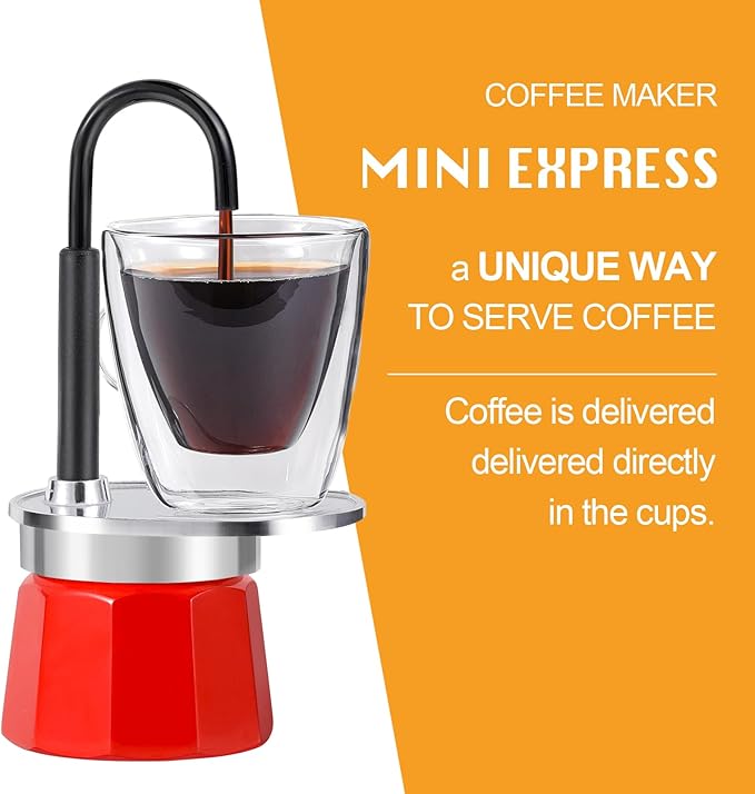 MVPLUE-Mini Express Swiss Single Tube Moka Pot Aluminum Red，Moka Set includes One Double Wall 3oz Cup,Enjoy delicious coffee in no time
