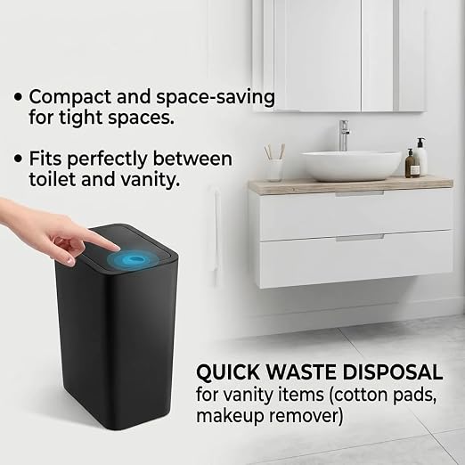 Compact Push-in Trash Can with Lid for Bathrooms, Kitchens, Living Rooms, Offices, Etc., Trash Can with Pop-Up Lid, 10 Liter/2.6 Gallon Slimline (Black)
