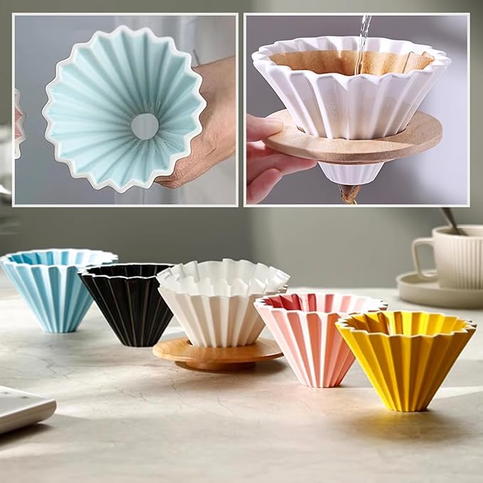 Ceramic Coffee Dripper with Wood Cup Stand Pour Over Coffee Maker Elegant Flower-shape V60 Strainer for 1-2 Cups Slow Brewing Accessories for Home Coffee Shops Restaurants White