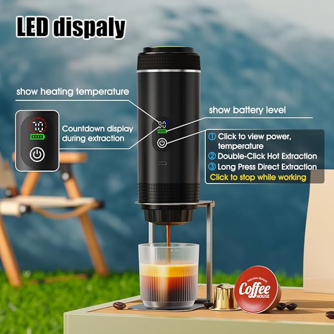 Portable Electric Espresso Machine–20Bar Self‑Heating travel coffee maker with 7500mA Battery (Midnight Black)