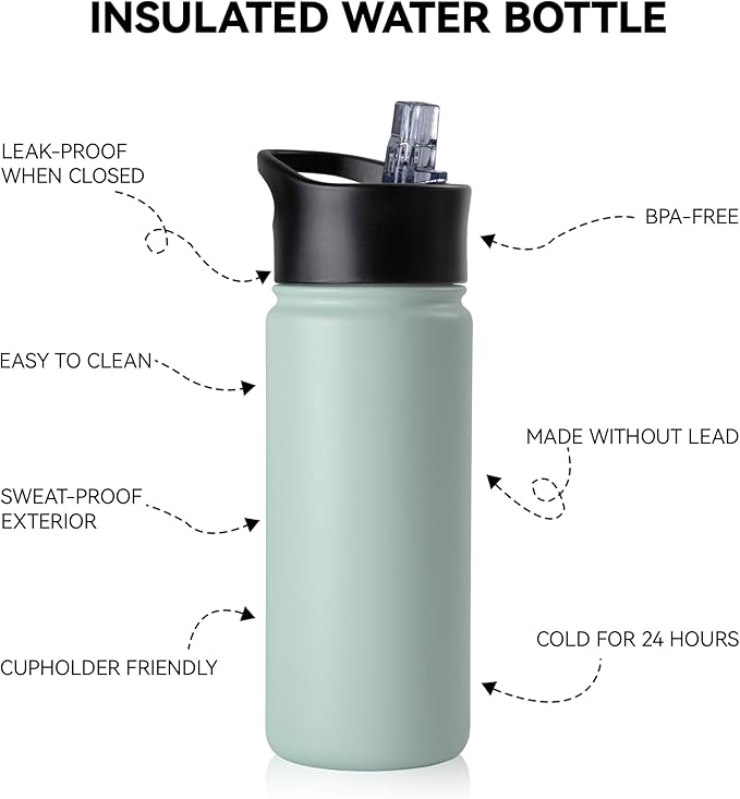 16 oz Insulated Water Bottle Bulk 8 Pack, Straw & Spout Lid, Keep Cold 24H, Spill Proof, BPA-Free, Double Wall, Stainless Steel Kids Water Bottles for School, Sports, Turquoise Blue