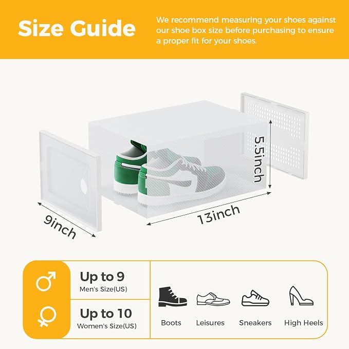 Sweetcrispy Shoe Storage Boxes, Clear Plastic Stackable Shoe Rack Organizer with Lids for Closet, Foldable Sneaker Container, Under Bed and Entryway, 12 Pack, Clear White