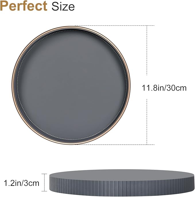 KINGFOM Round Decorative Tray, PU Leather Vanity Tray Organizer with Gold Trim for Dresser, Coffee Table & Bathroom Counter, Modern Home Decor Jewelry & Perfume Tray for Men Women (Gray)