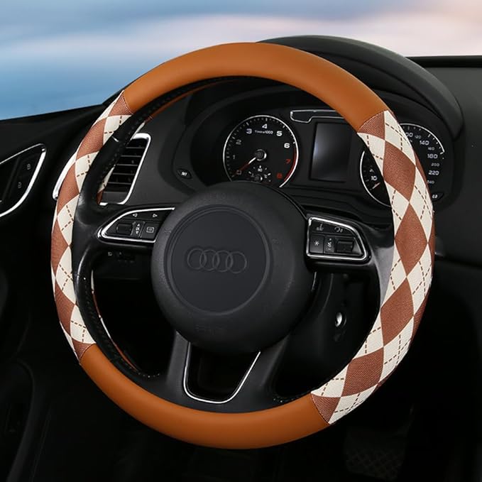 Steering Wheel Cover, Pink and White Diamond Pattern, 15 Inch, Anti-Slip Leather (Brown)