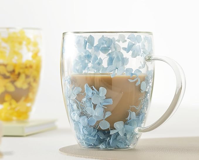 Double Glass Flower Tea Cup, Aesthetic Preserved Flower Cup, Cute Insulated Tea Cup with Handle, Heat Resistant & Lead-free Coffee Mugs, Gifts for Birthday Mother's Day, Perfect for Women Wife Mom (G)