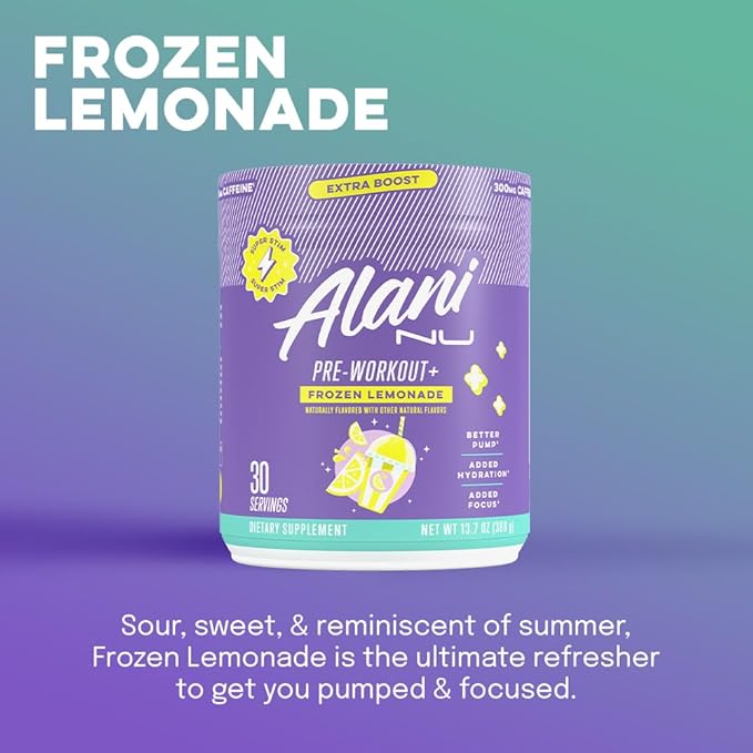 Alani Nu Pre Workout+ Powder Frozen Lemonade, Extra Boost, Sugar Free, 300mg Caffeine, L-Theanine, Beta-Alanine, Citrulline, 30 Servings, (Pack of 2)