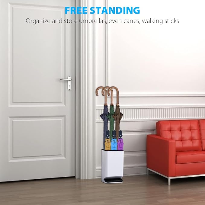 Umbrella Stand Holder for Entryway, Umbrella Rack with Removable Drip Tray Free Standing Organizer for Umbrella Walking Sticks Canes, Stored 6 Umbrellas, Ideal for Home Office Decor, White