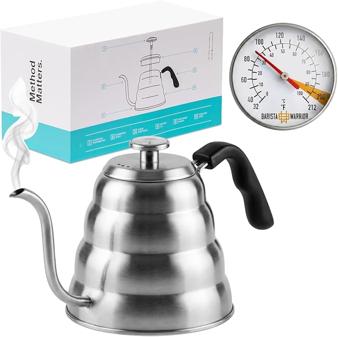 Barista Warrior Gooseneck Kettle for Pour Over Coffee and Tea with Thermometer for Exact Temperature, Precision Pour Drip Spout, Stainless Steel, Compatible with all Stove Tops (1.2 Liter, 40 fl oz)