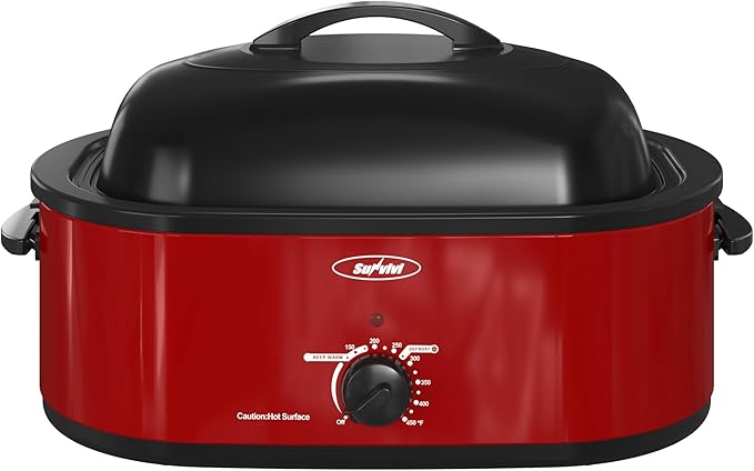 Sunvivi Electric Roaster,18 Quart Roasting Oven with Self-Basting Lid Removable Pan,Turkey Roaster Oven with 150 to 450F Temperature Control Cool-Touch Handles,Red