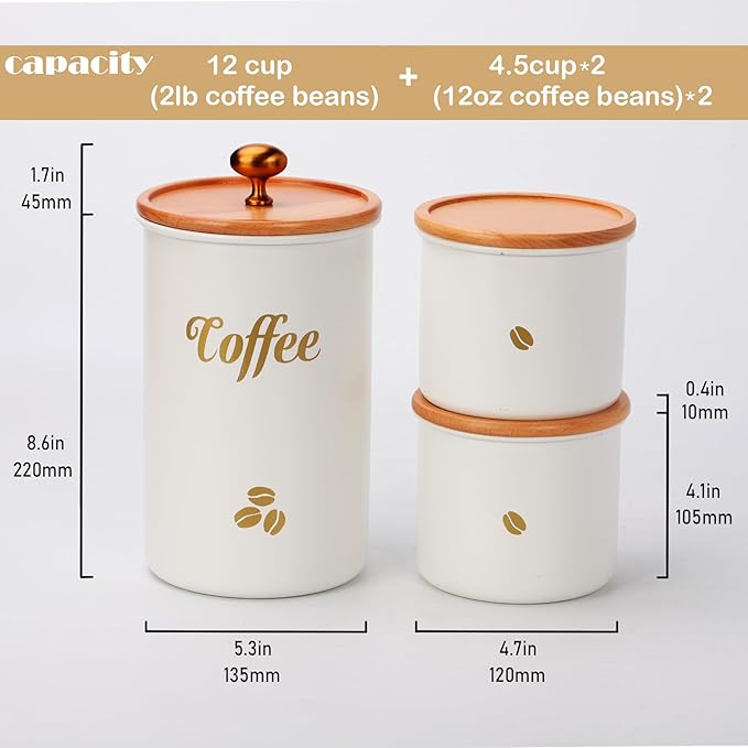 Coffee Canister, 3 pack 2 lb/12 oz/12 oz Large Airtight Coffee Bean Storage Container, Café Grounds Container, Cafe Jar Cafe Holder, Food Storage Container for Flour, Sugar, Tea (White)