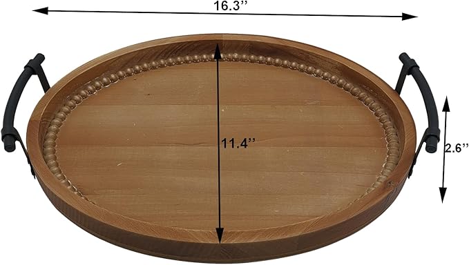 Oval Rustic Wooden Decorative Tray, Serving Tray with Metal Handles, Ottoman Coffee Table Tray, Farmhouse Centerpiece for Kitchen or Living Room (Brown)