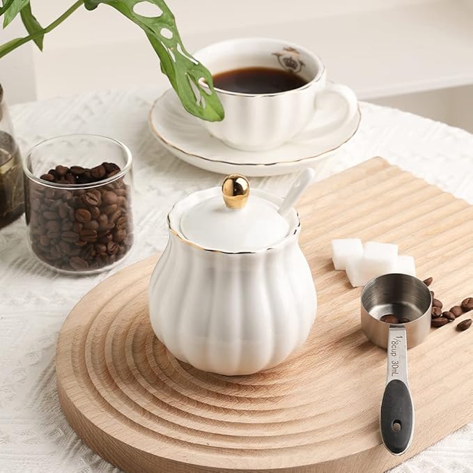 Sweejar Royal Ceramic Sugar Bowl, 12 Ounce Sugar Container with Spoon and Lid, Porcelain Salt Bowl Salt Container, Sugar Holder for Coffee Bar, Home and Kitchen(White)