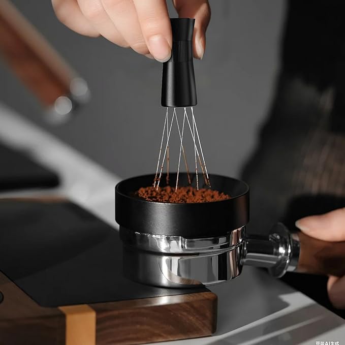 Espresso WDT Tool with Magnetic Stand, Adjustable Range Coffee Needle Stirrer, 304 Stainless Steel 6 Needles 0.4mm with 6 Extra Needles, Black