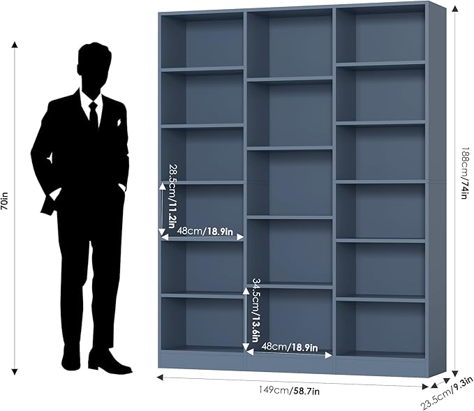 FACBOTALL Triple Wide Bookshelf, 6 Tier Large Bookshelf, Bookcase with 17 Open Display Shelves, 74'' Tall Bookcases and Bookshelves for Living Room, Home Office, Library, Blue