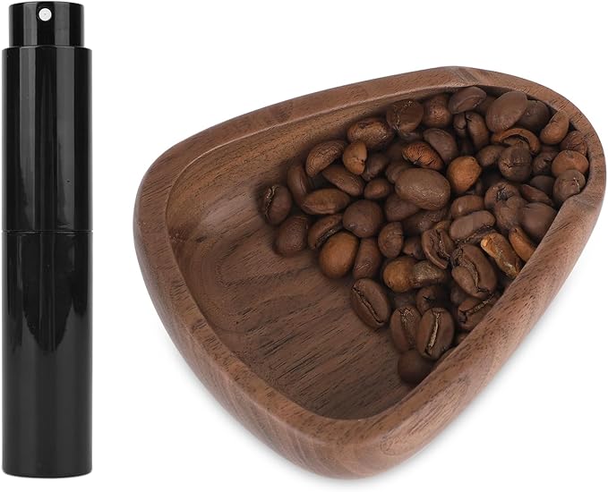 Coffee Bean Dosing Cup and Spray Bottle Set, Walnut Wood Bean Measuring Tray Espresso Accessories Tools Kit with RDT Static Reduction Spray Spritzer for Coffee Lovers Gift
