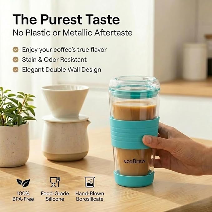Double Wall Glass Tumbler with Lid, Glass Travel Mug, Dishwasher Safe & Microwavable Clear Coffee Tumbler To Go, Reusable Ceramic Cup with Lid (Bright Aqua, 16oz)