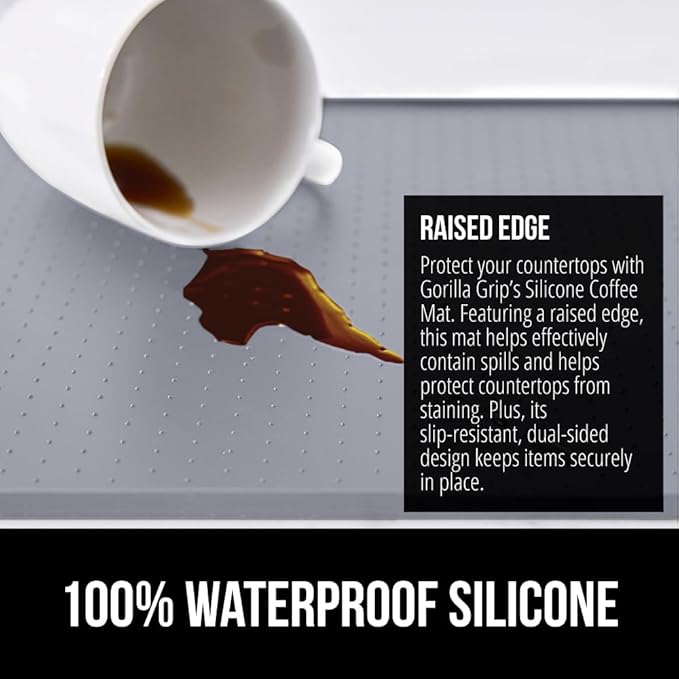GORILLA GRIP Silicone Coffee Mat, Espresso Machine Bar Accessories, Keep Kitchen Counters Clean, Stays in Place, Waterproof and Heat Resistant Dish Drying Mats, Home Decor Essentials, 10x14, Gray
