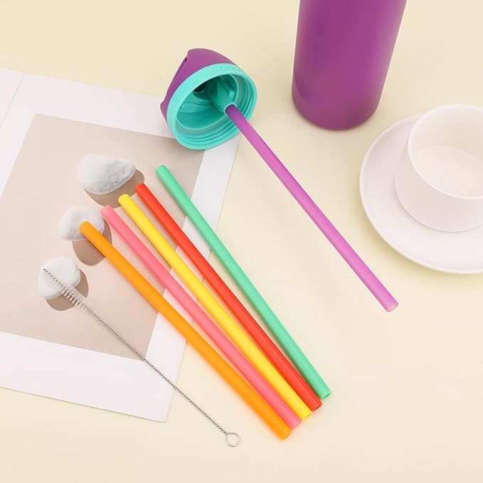 6pcs Replacement Straws for Owala FreeSip 24oz 32oz, Reusable Plastic Straws with Cleaning Cleaner Brush for Insulated Stainless Steel Water Silicone Bottle Tumbler Rubber Accessories Parts (6 Colors)