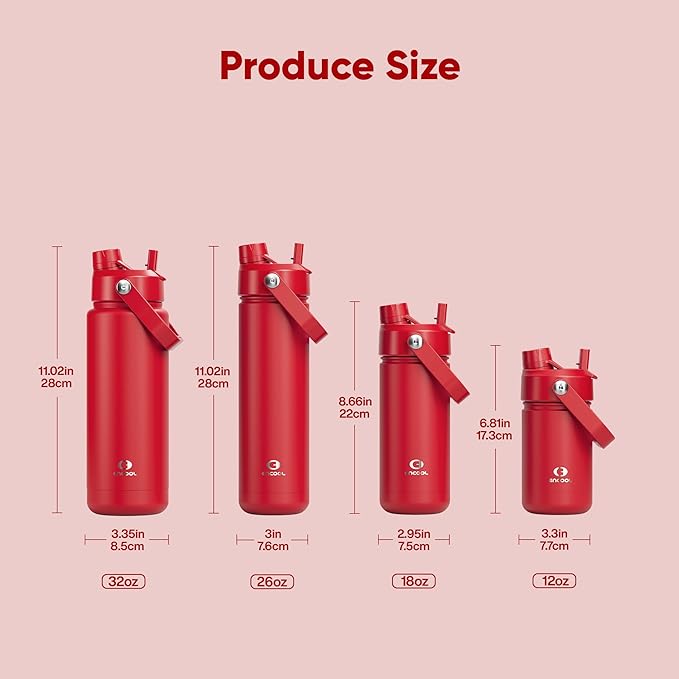 Kids Insulated Water Bottle with Straw - 12oz Stainless Steel Water Bottle with Dual Spouts, Leak-Proof, BPA-Free, Double Wall Vacuum Keeps Cold for 24 Hours for Sports, Travel (Medium Carmine)