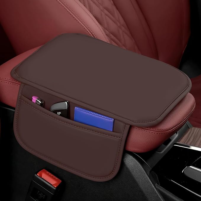 wuyaoyao Car Center Console Cover, Leather Memory Foam Armrest Cover Cushion with 2 Storage Bags, Universal Car Armrest Seat Box Pad Car Interior Accessories Protector for Most Vehicle (Brown)