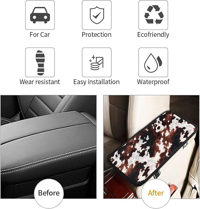Brown Abstract Print Center Console Cover Vintage Retro Animal Skin Pattern Arm Rest Covering Pad for Car Cow Middle Console Lid Covers
