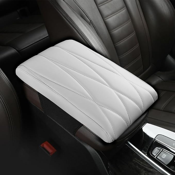Car Center Console Cover Nappa Leather Memory Foam Armrest Box Seat Box Cushion Protector Pad Comfortable Height Increase Universal for Car Truck SUV (Strip,White)