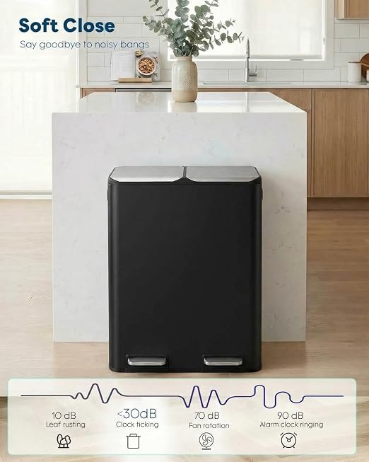 ComfyCorner 16 Gal (2 x 30 L) Dual Trash Can, Stainless Steel Kitchen Garbage Bin, Recycle Dustbin with Odor Control Box, Soft-Close Lid, Inner Buckets, Side Handle, Step Pedal, for Home Office